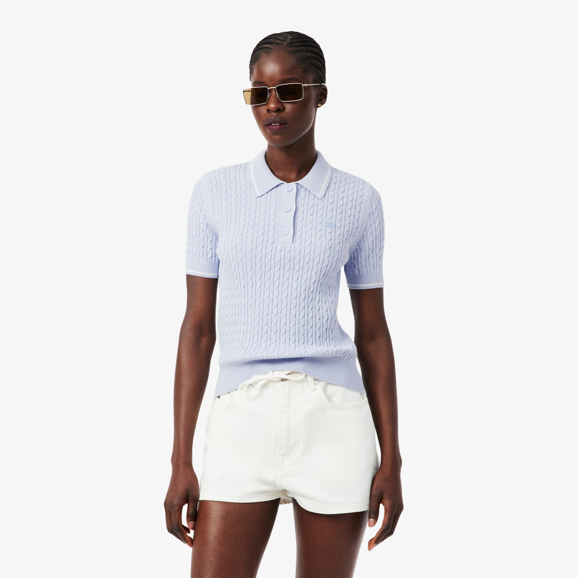 Striped Cable Knit Polo Collar Sweater - Sweaters & Sweatshirts