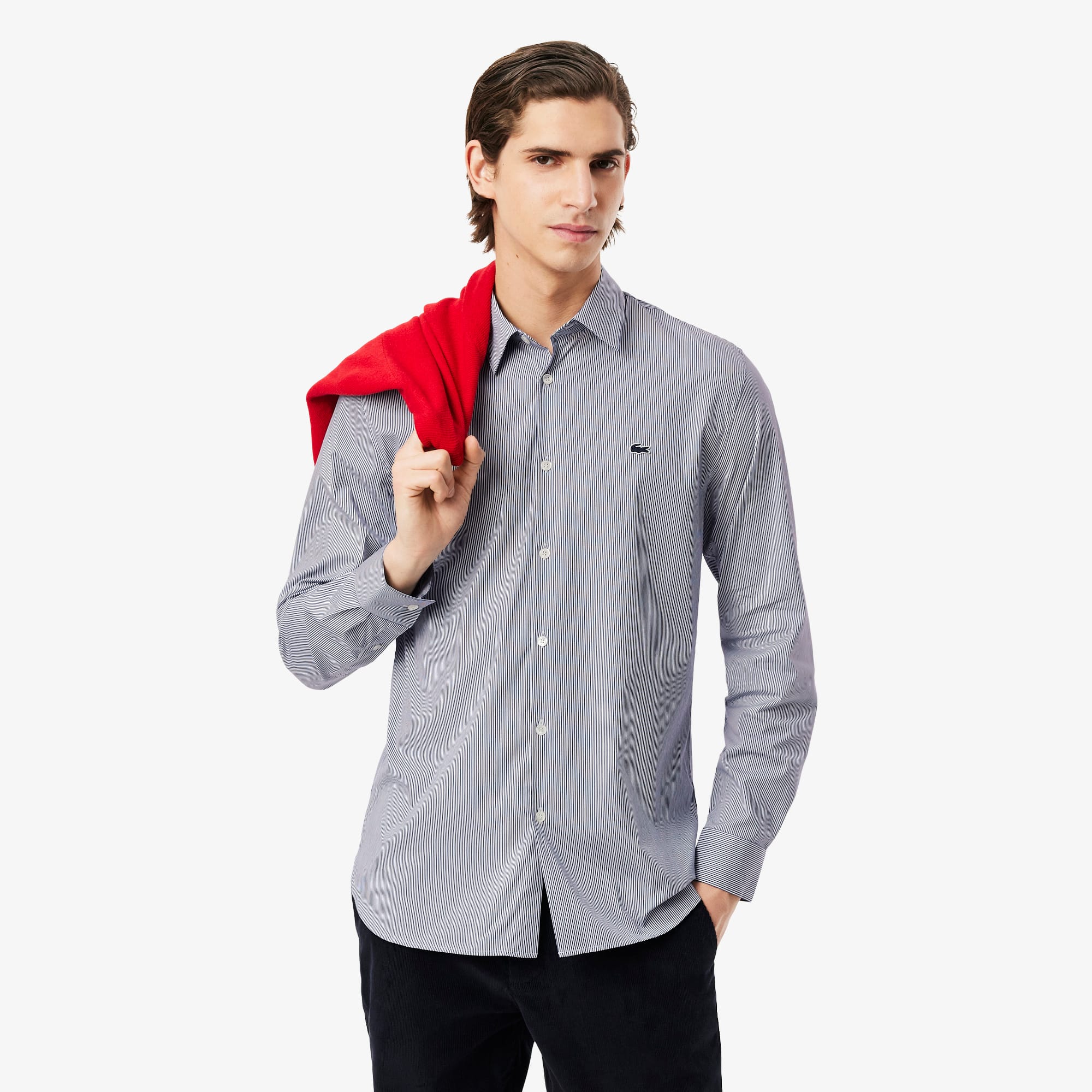 Lacoste Men's Slim Fit Striped Stretch Button Down Shirt - 16 - 41 In White