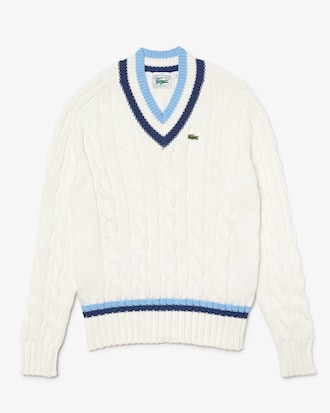 Unisex V-neck Striped-Trim Cable-Knit Sweater