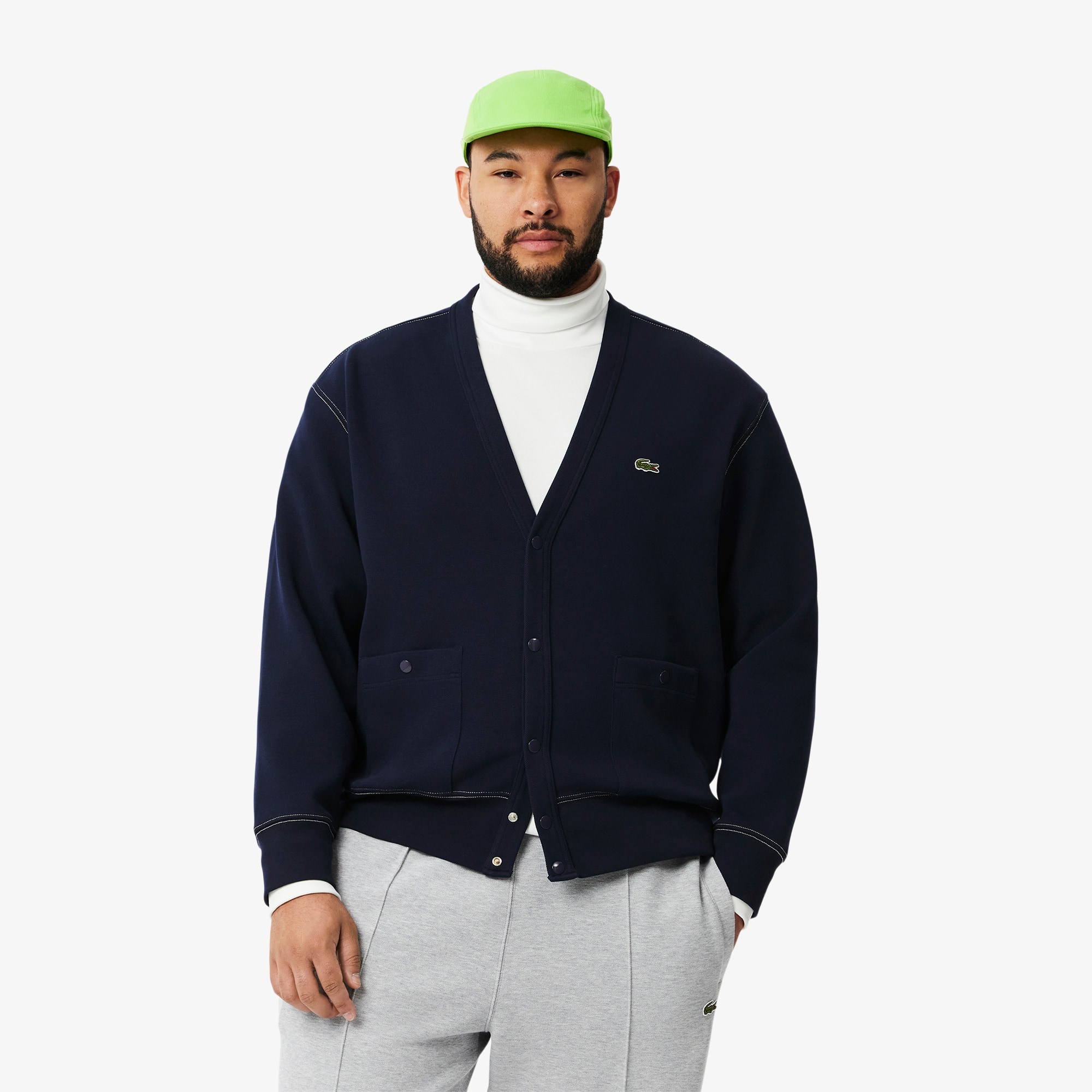 Men's Relaxed Fit Piqué Topstitch Detail Cardigan - Sweaters