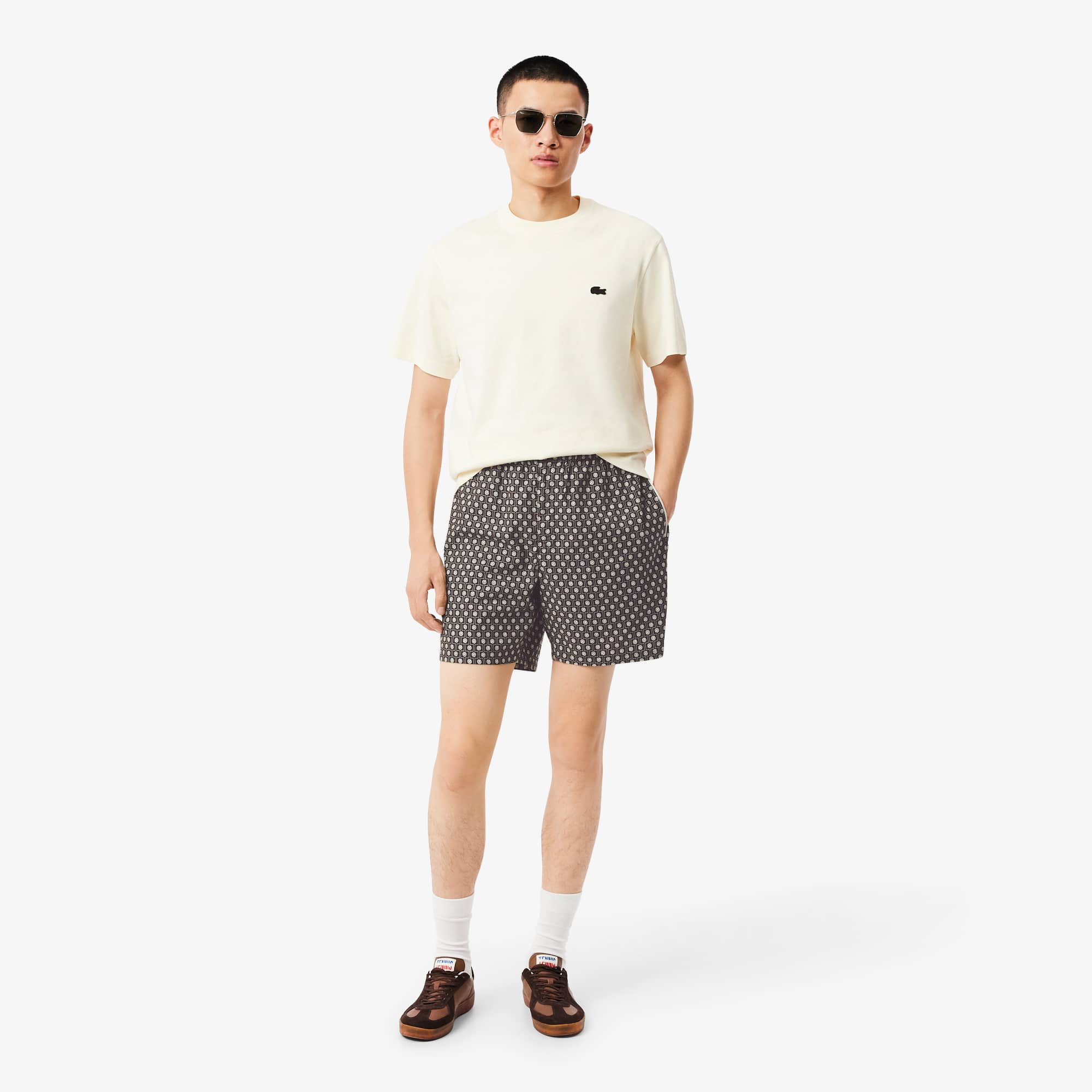 Lacoste Relaxed Fit Printed Cotton Blend Shorts - Xl In Black