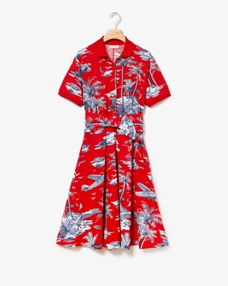 Women's Polo Shirt Collar Hawaiian Print Cotton Piqu&eacute; Belted Dress