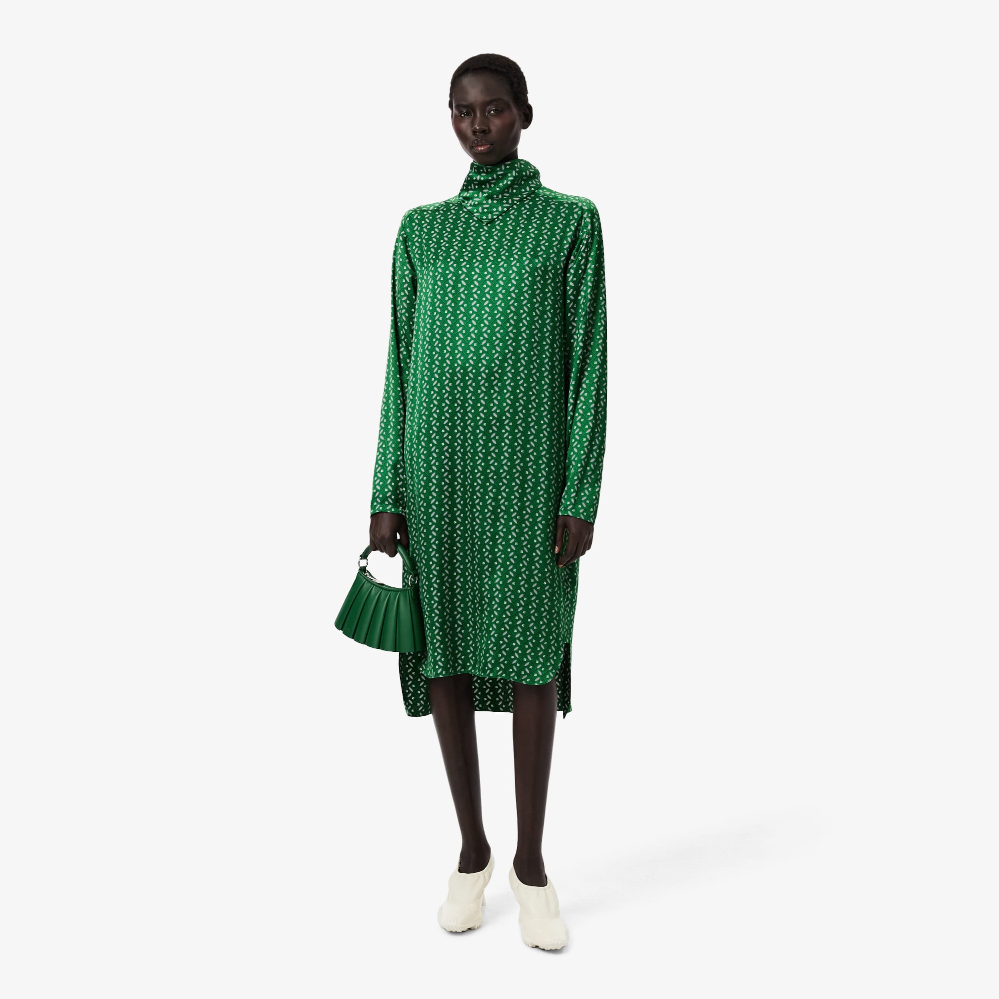 Lacoste Runway Printed Satin Scarf Neck Dress - 38 In Green