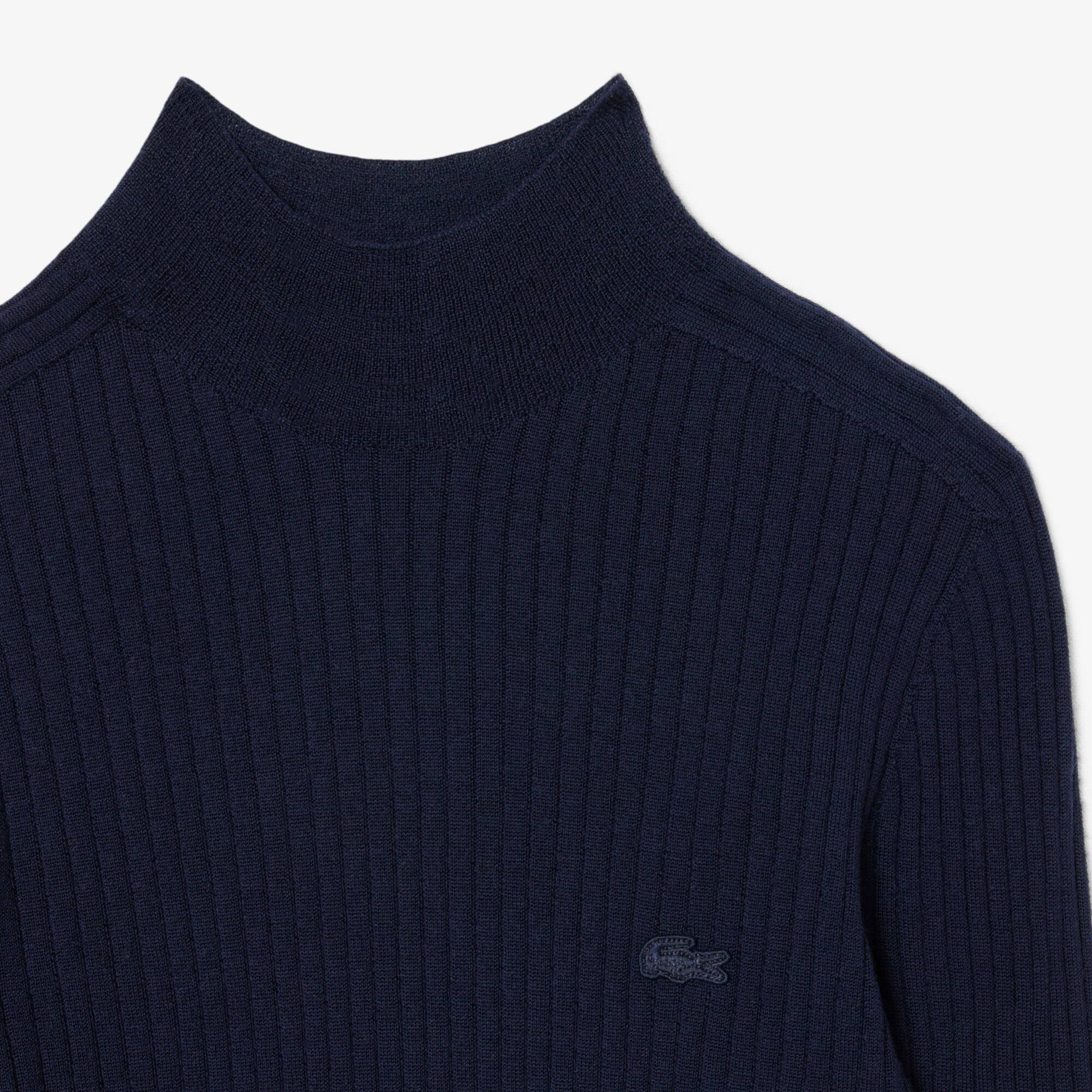 Women's High-Neck Ribbed Knit Merino Wool Sweater - Sweaters