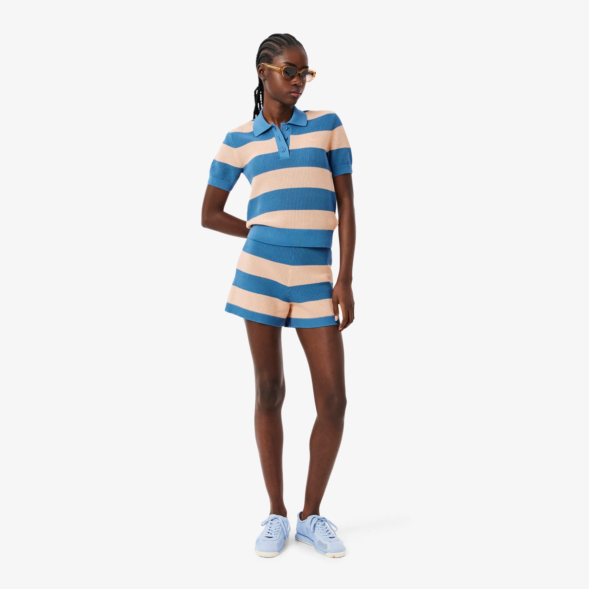 Striped Mesh Knit Polo Collar Sweater - Sweaters & Sweatshirts
