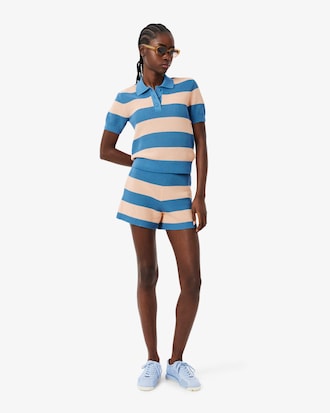 Striped Mesh Knit Polo Collar Sweater
