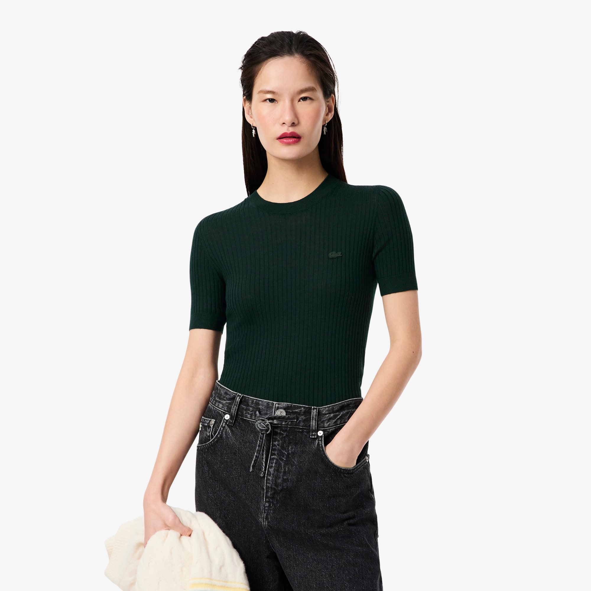 Lacoste Women's Short Sleeve Merino Wool Rib Knit Sweater - 42 In Green