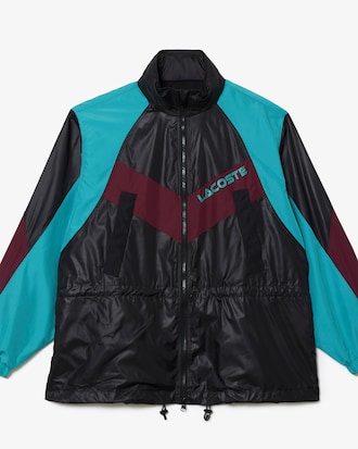 Chamarra oversized color block con gorro y cintura ajustable