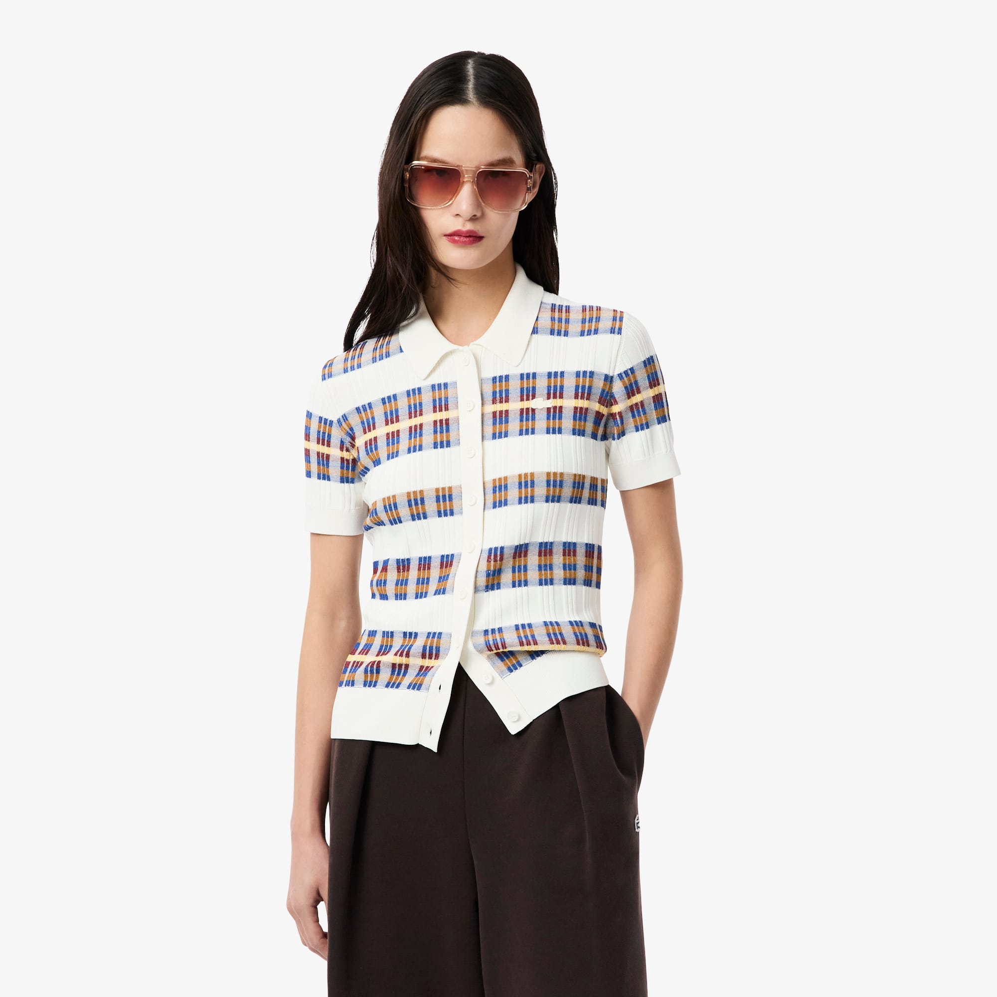 Lacoste Women's Ribbed Knit Polo Collar Sweater - 32 In White