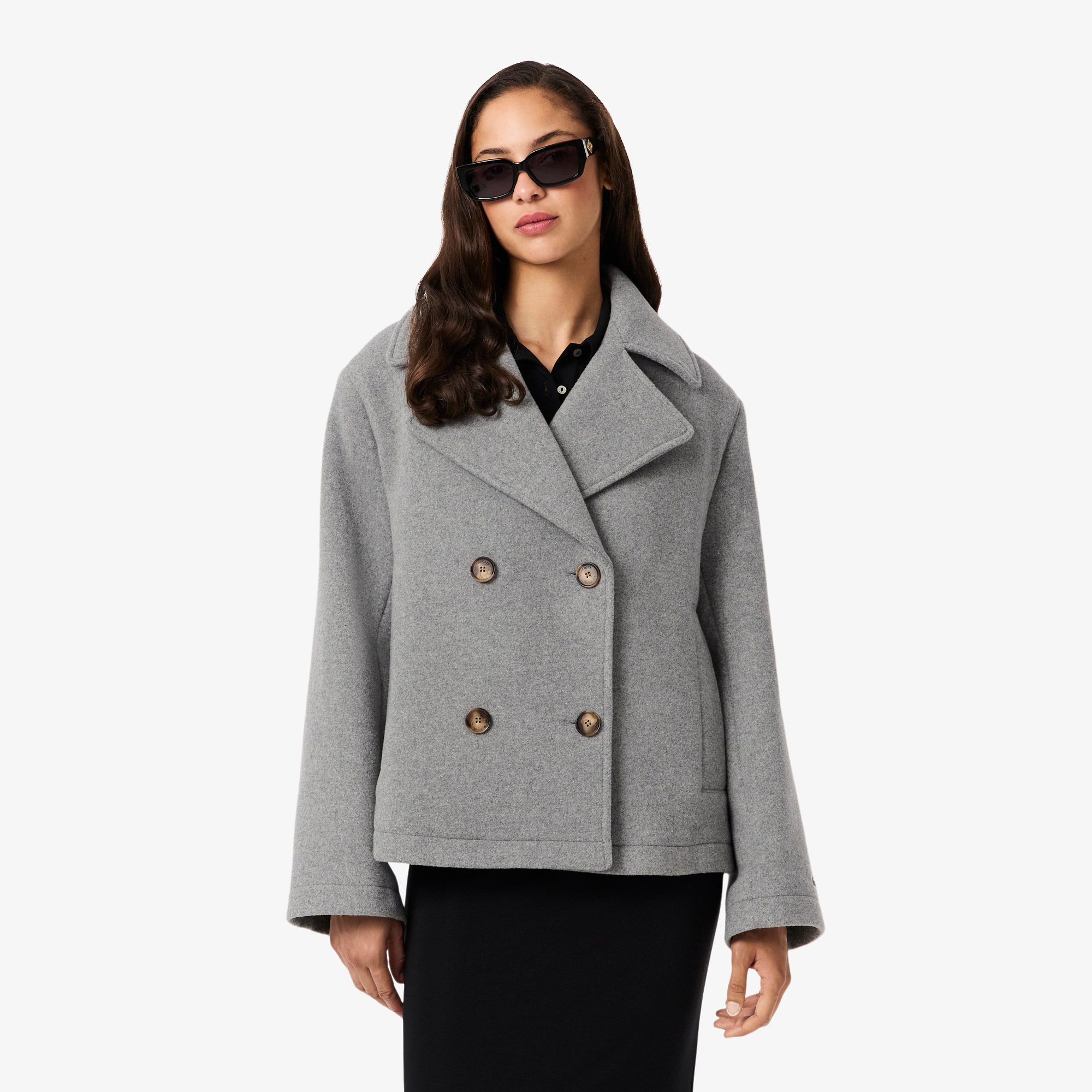 Lacoste Women's Short Oversized Wool Blend Pea Coat - 32 In Gray