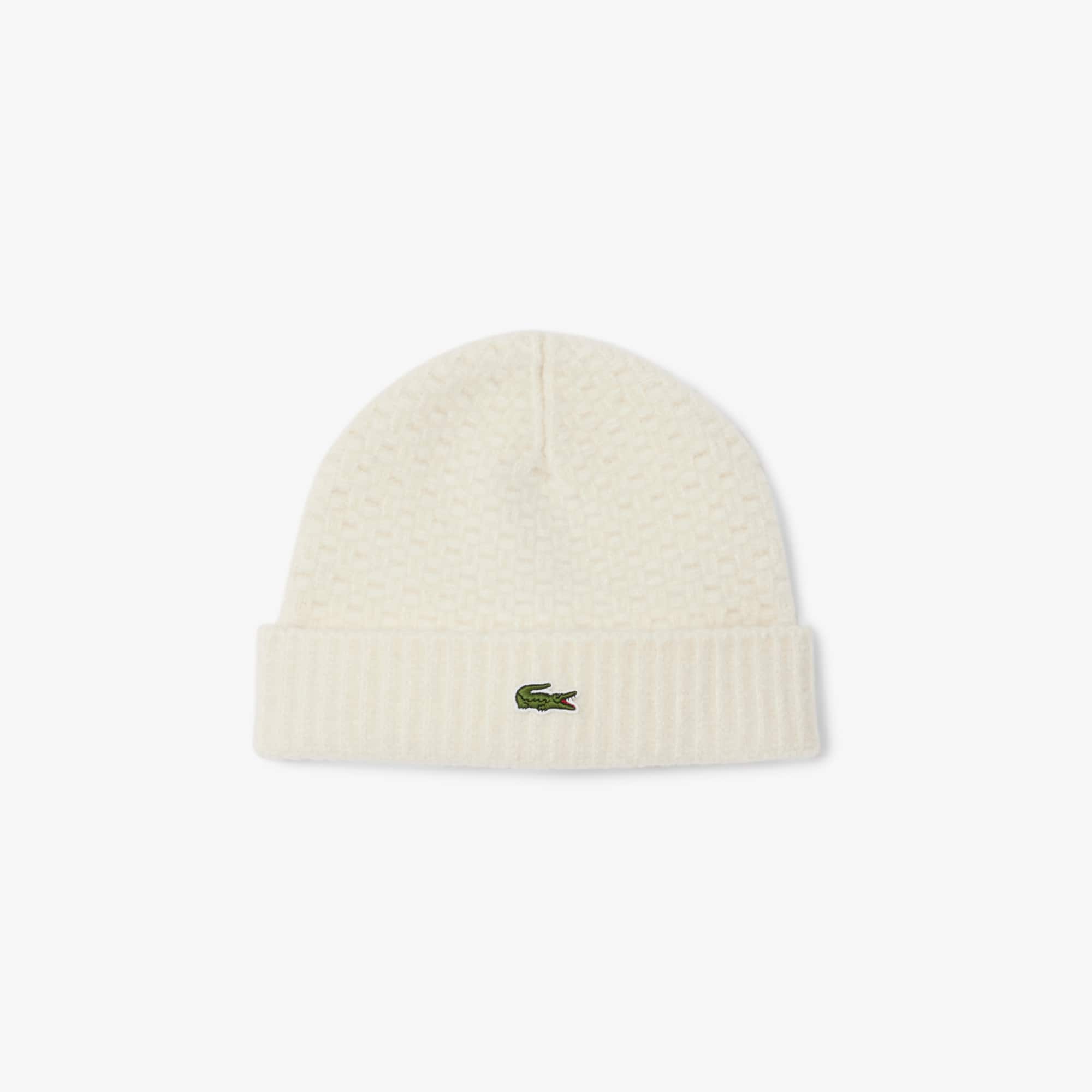 Lacoste Unisex Ribbed Cuff Wool Beanie - One Size In White