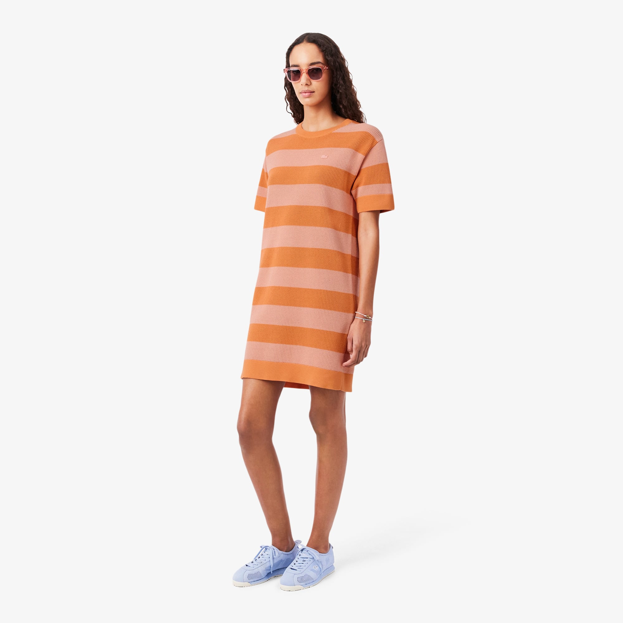 Lacoste Striped Mesh Knit T-shirt Dress - L (40) In Orange