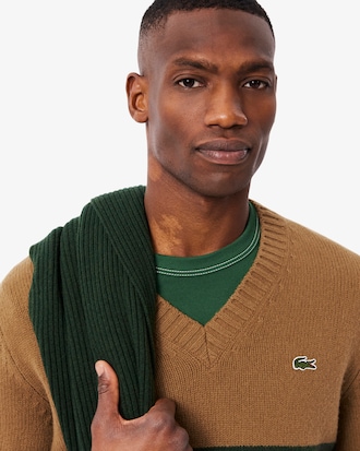 Men's Striped Wool V-Neck Sweater