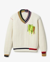 Unisex Lacoste Fashion Show Edition Striped V-Neck Sweater