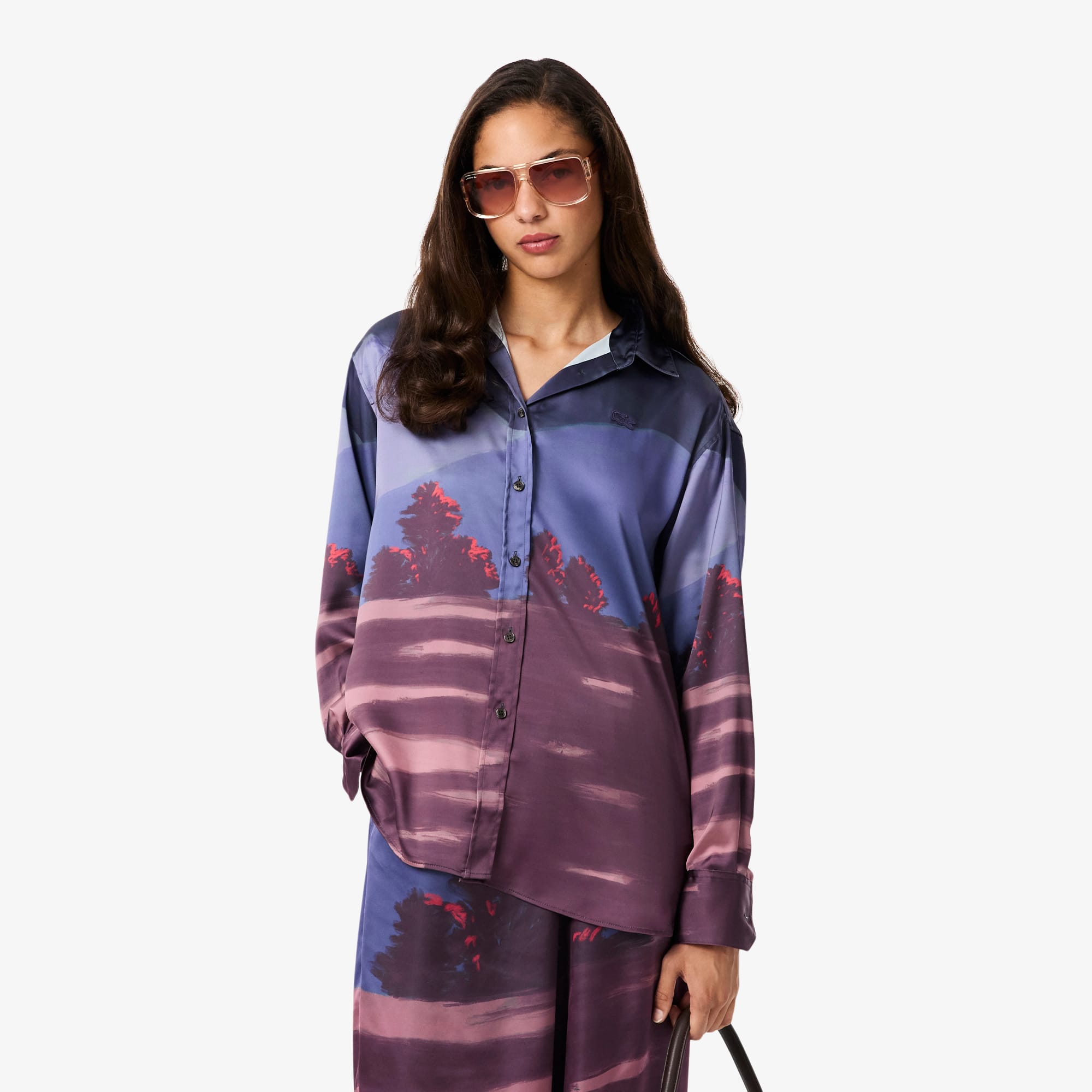 Lacoste Women's Oversized Landscape Print Satin Shirt - 32 In Multi