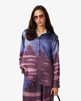 Women's Oversized Landscape Print Satin Shirt