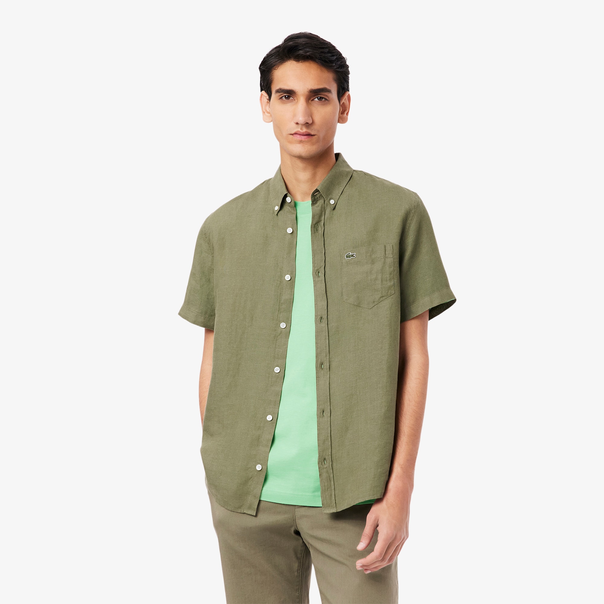 Lacoste Men's Short Sleeve Linen Shirt   - 17 - 43 In Green