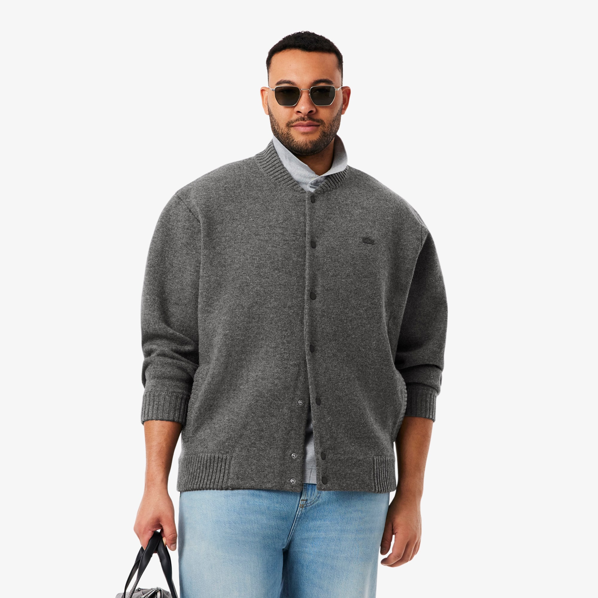 LACOSTE ダークグレー スタジャン US ML Men's Merino Wool Jersey Bomber Jacket - Sweaters & Sweatshirts