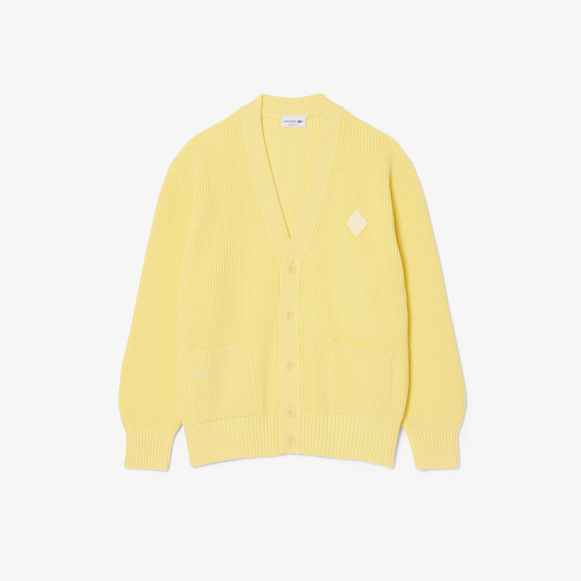 Lacoste Relaxed Fit Ribbed Cotton Cardigan - M In Yellow