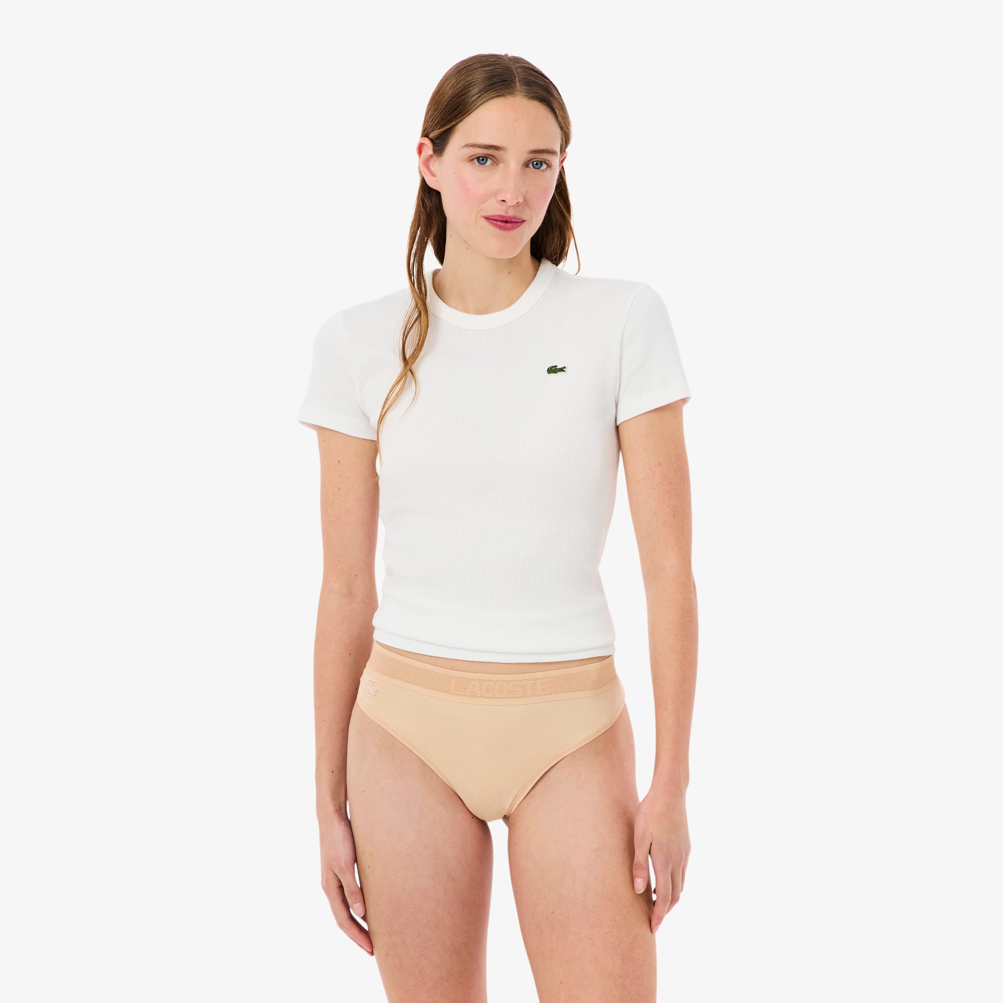 Lacoste Logo Waist Microfiber String Briefs In Neutral