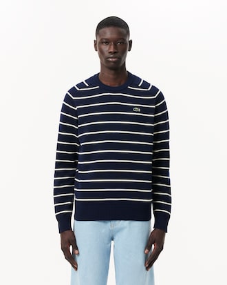Men's Striped 3D Knit Cotton Crew Neck Sweater 