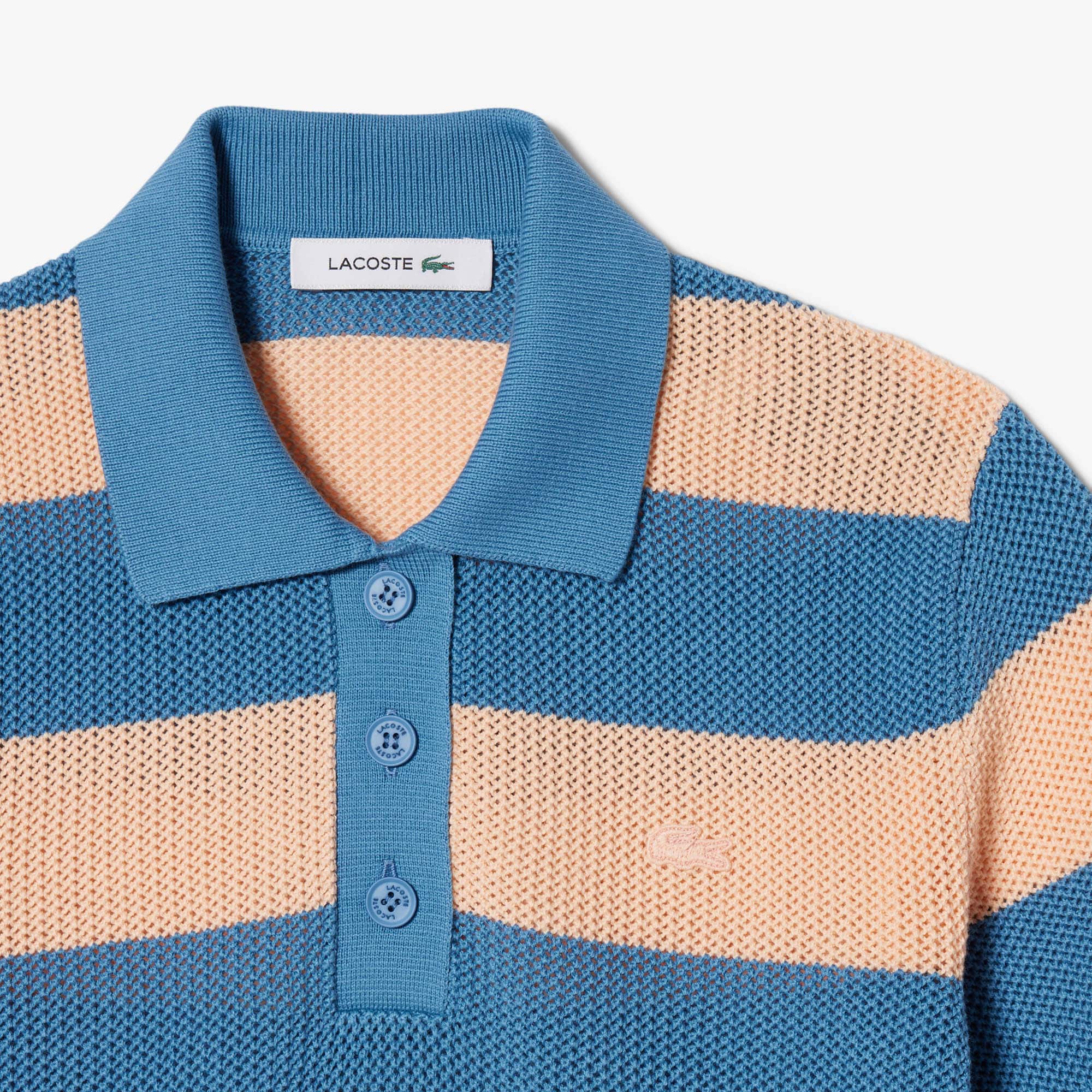 Striped Mesh Knit Polo Collar Sweater - Sweaters & Sweatshirts