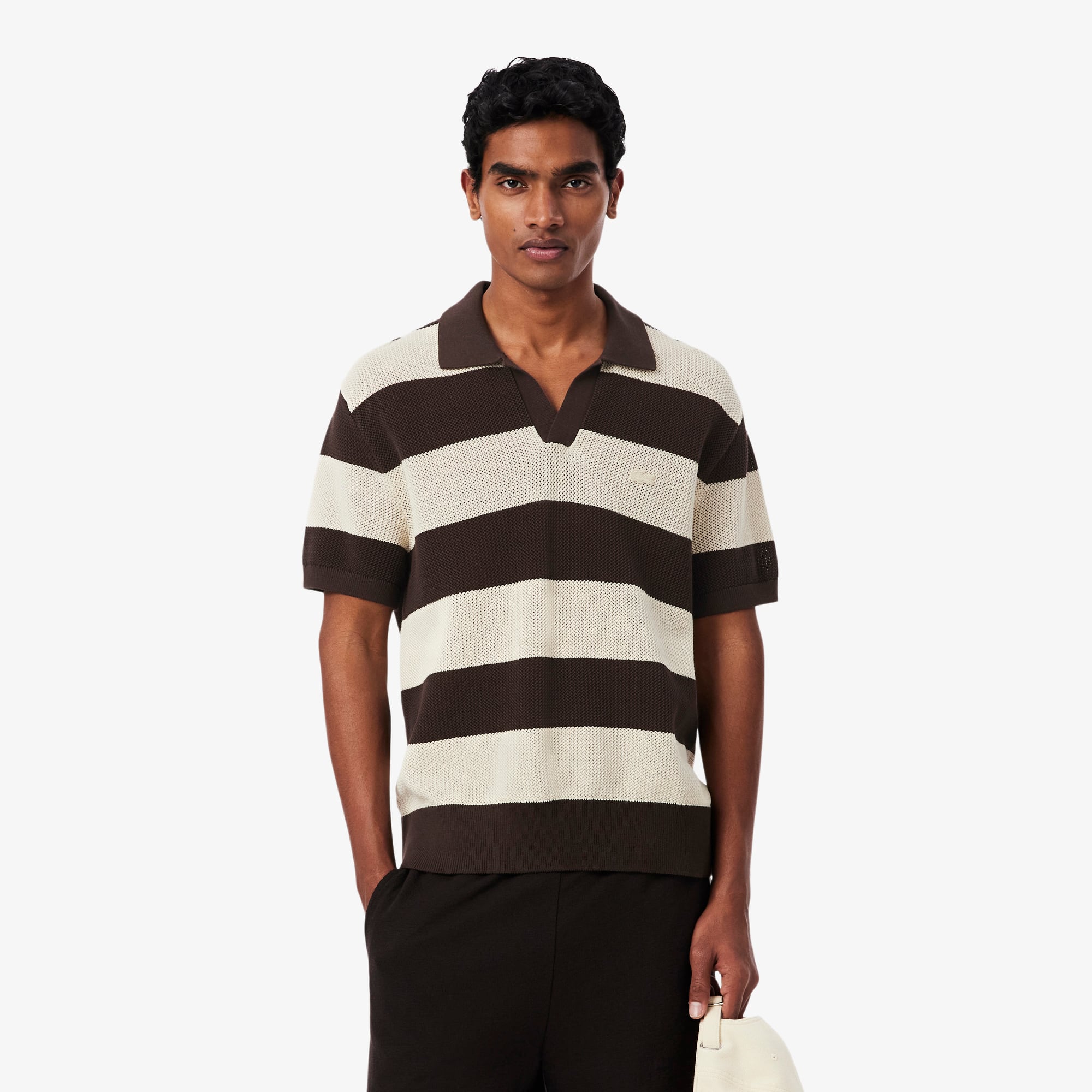 Short Sleeved Striped Polo Collar Sweater - Sweaters & Sweatshirts