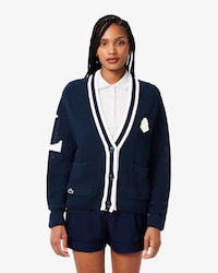 Cardigan Golf laine m&eacute;lang&eacute;e badge