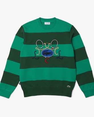 Men's Tennis Design Crew Neck Striped Cotton Fleece Sweatshirt