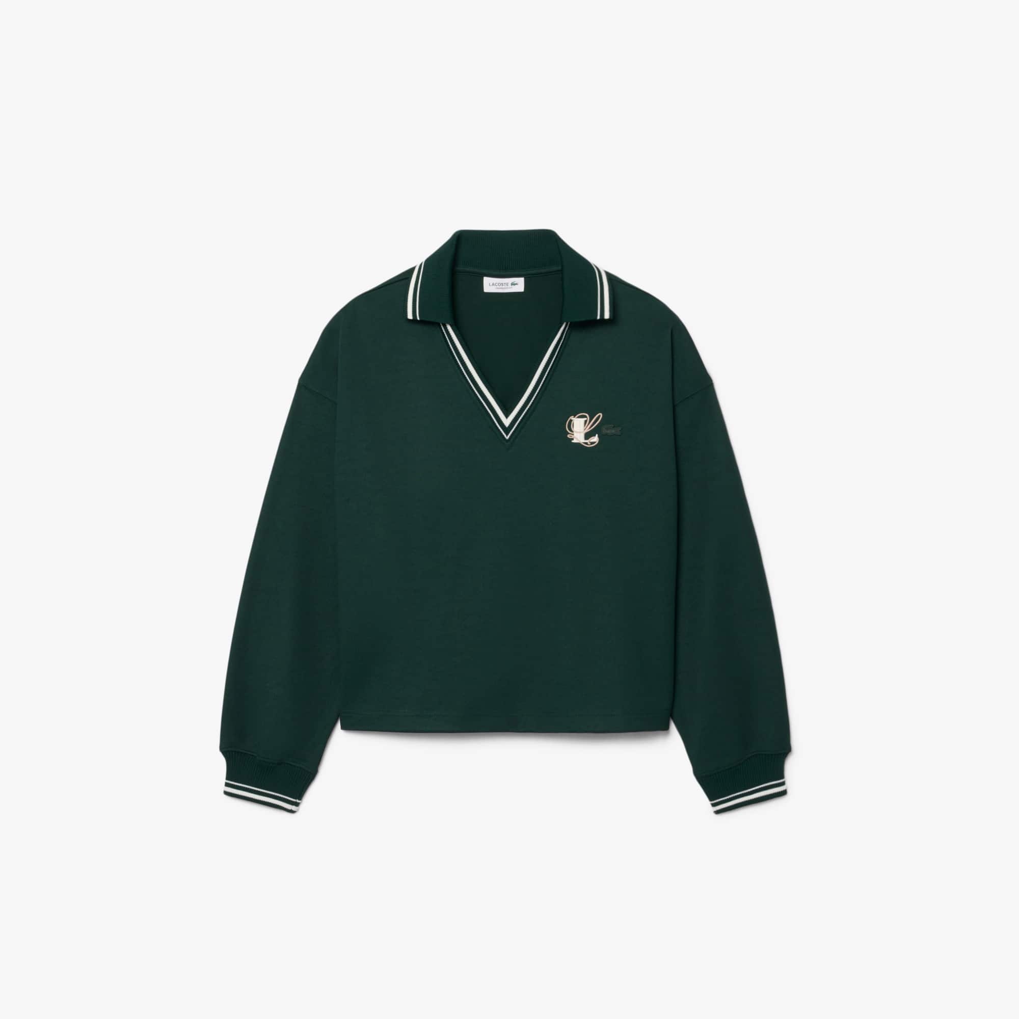 Oversized Embroidery Accent Polo Collar Sweatshirt - Sweaters