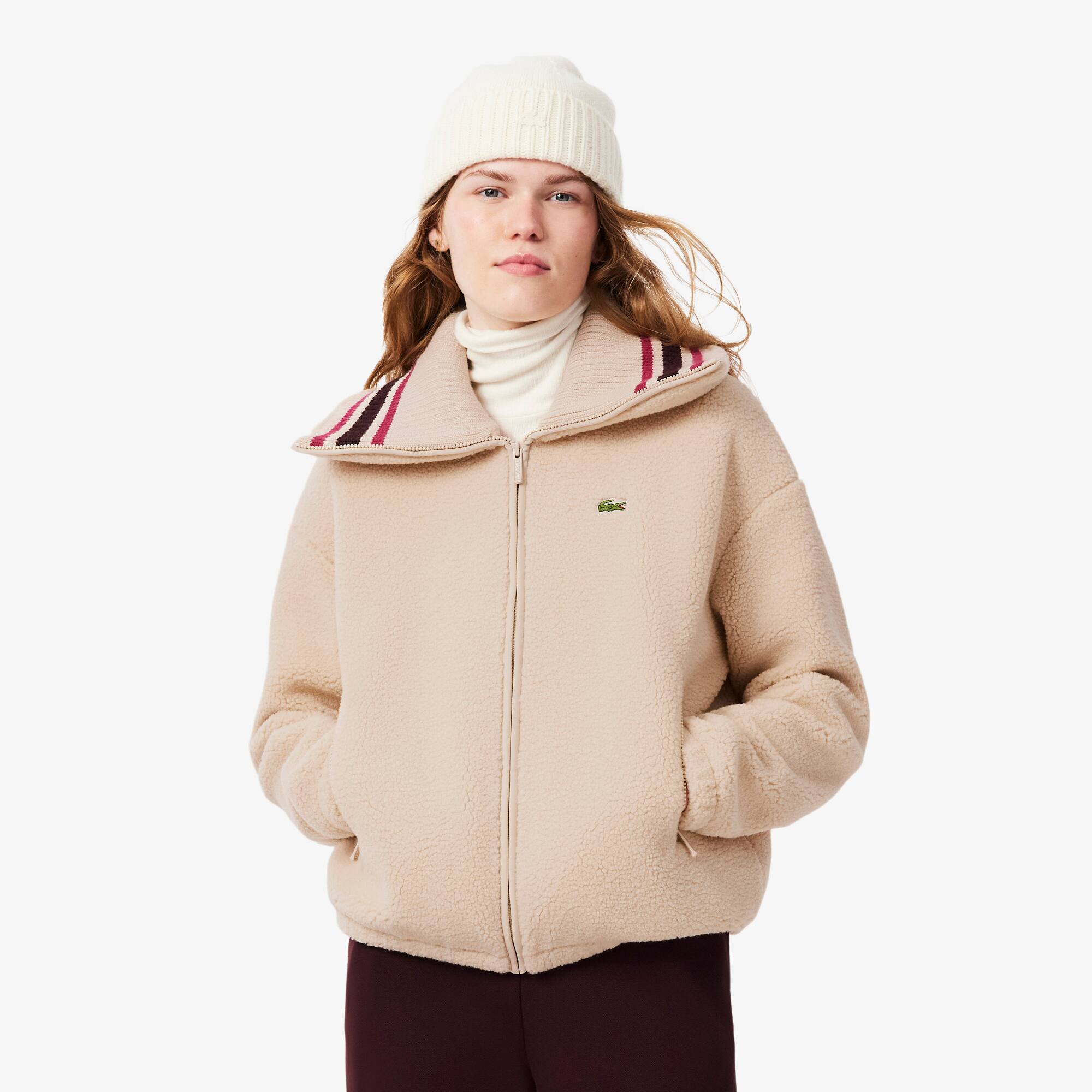 Oversized Striped Ribbed Collar Sherpa Jacket