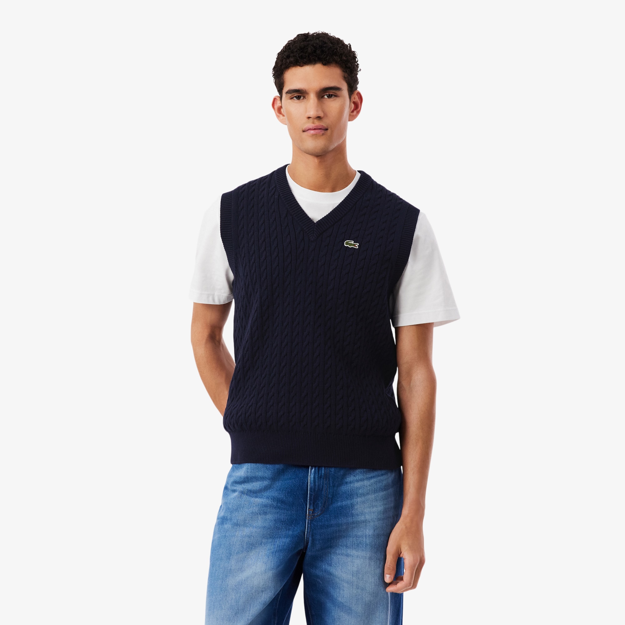 Lacoste Men's Cable Knit Cotton Sweater Vest In Black