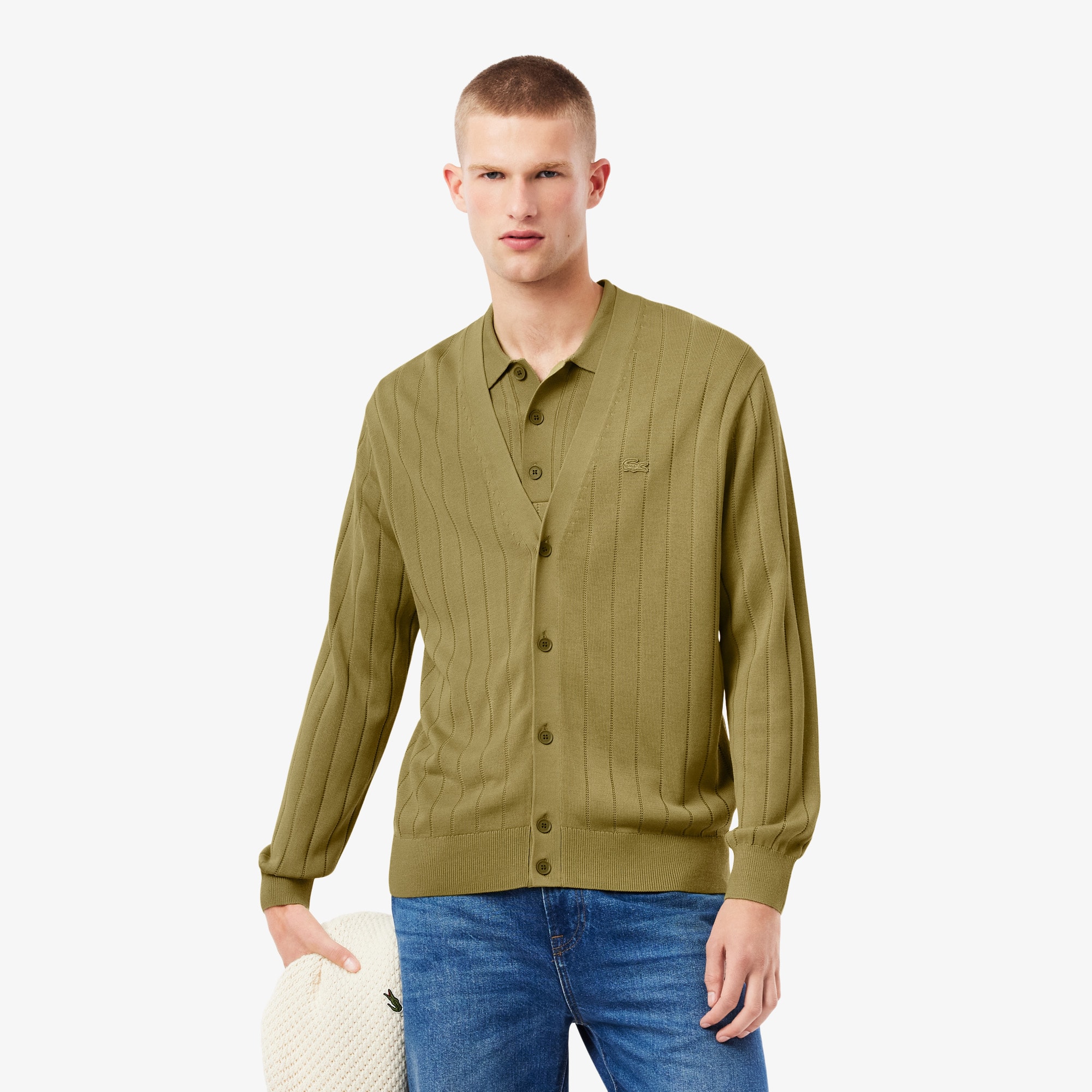Lacoste Men's Fluid Rib Knit Cardigan - L - 5 In Green