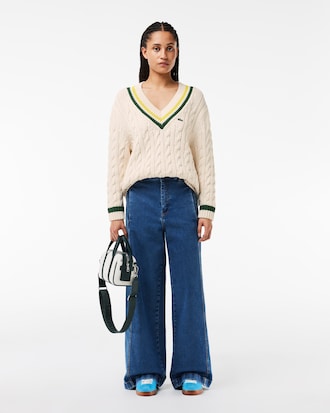 Women's V-Neck Cable Knit Cotton Tennis Sweater