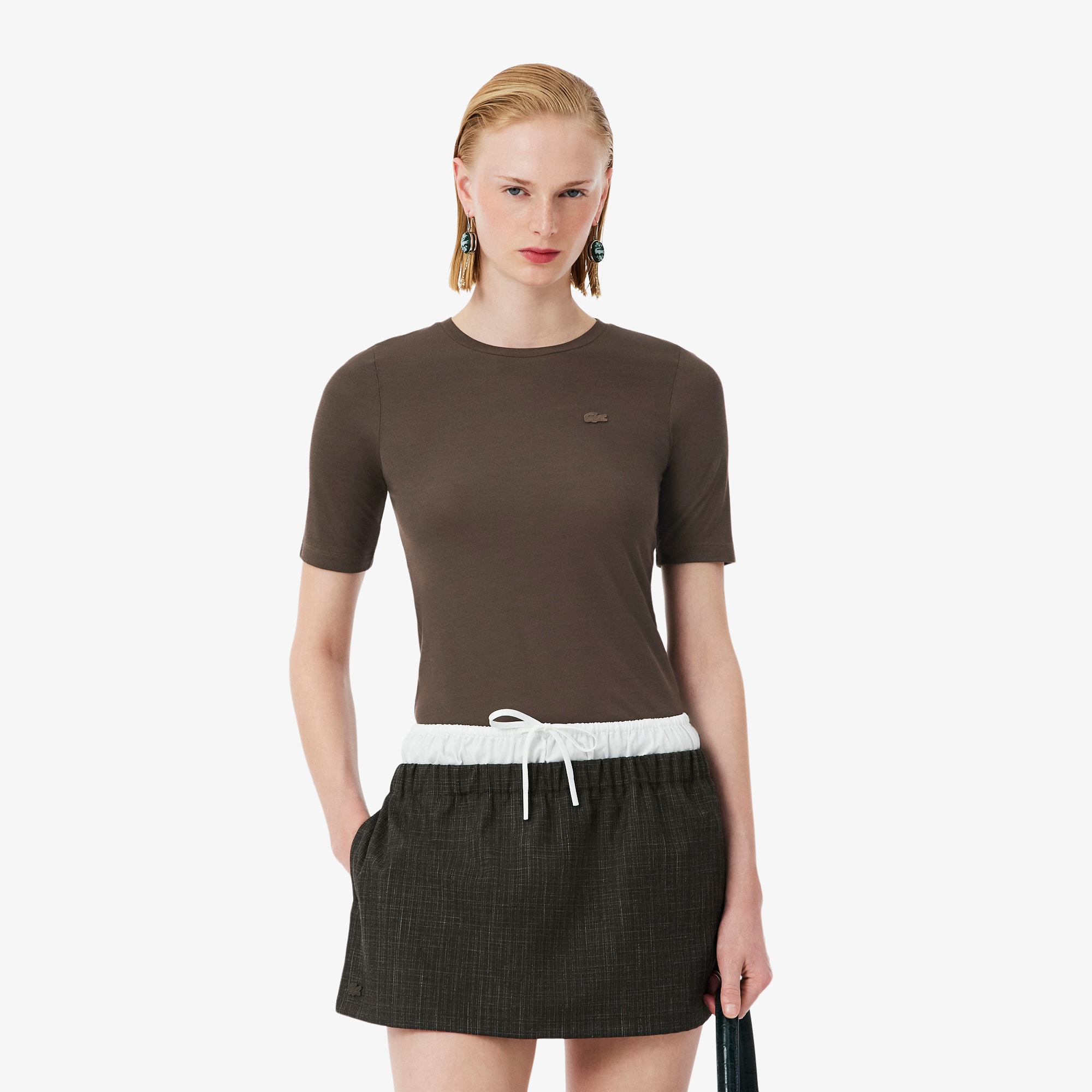 Lacoste Runway Silk Piqué T-shirt In Brown