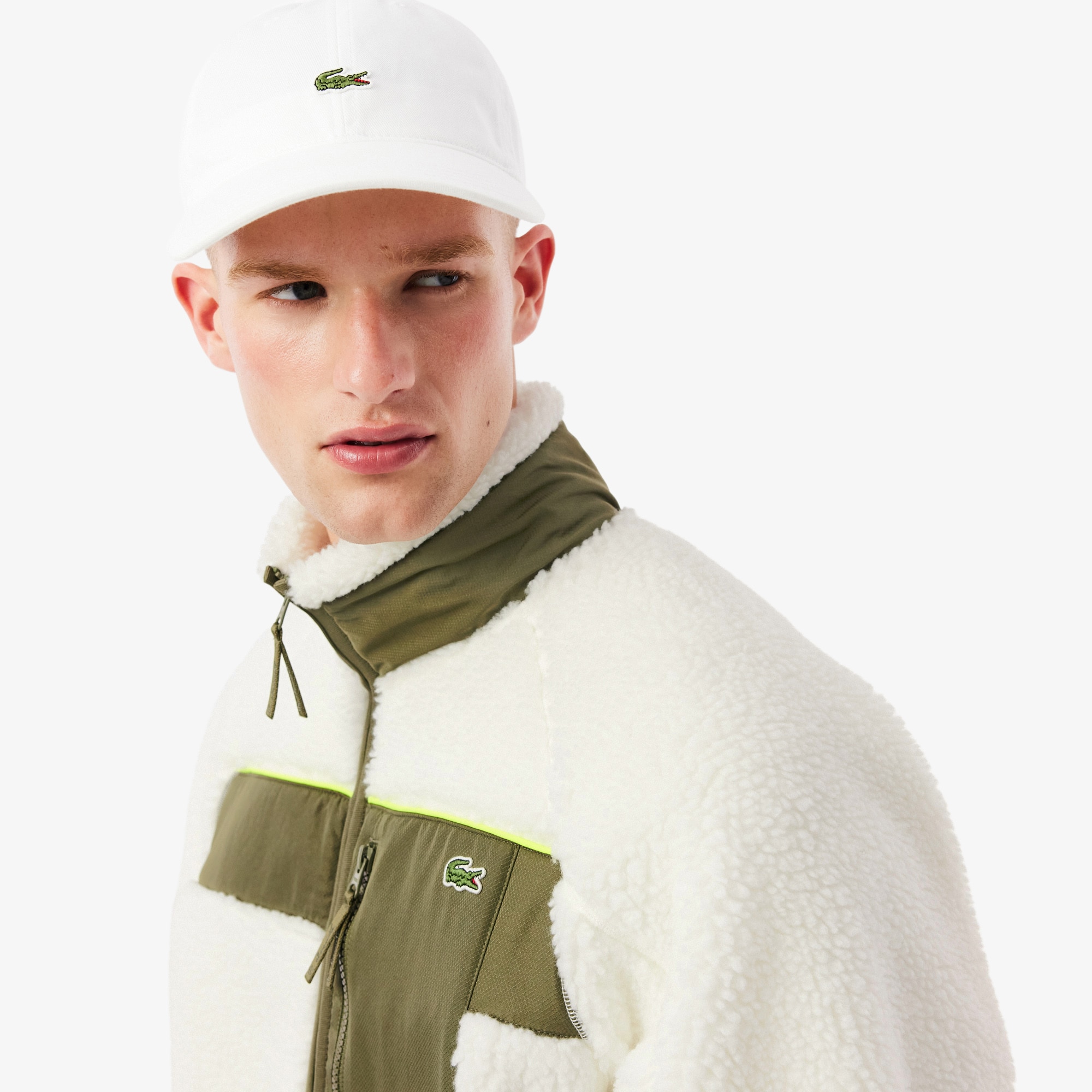 ■LACOSTE■ Men's Sherpa Fleece Blouson Ivory BH7145-54N4KF Men's Colorblock Sherpa Fleece Jacket - Jackets & Coats
