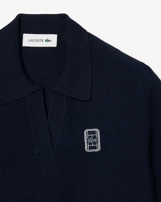 Regular Fit Open Neck Badge Accent Knit Polo Shirt