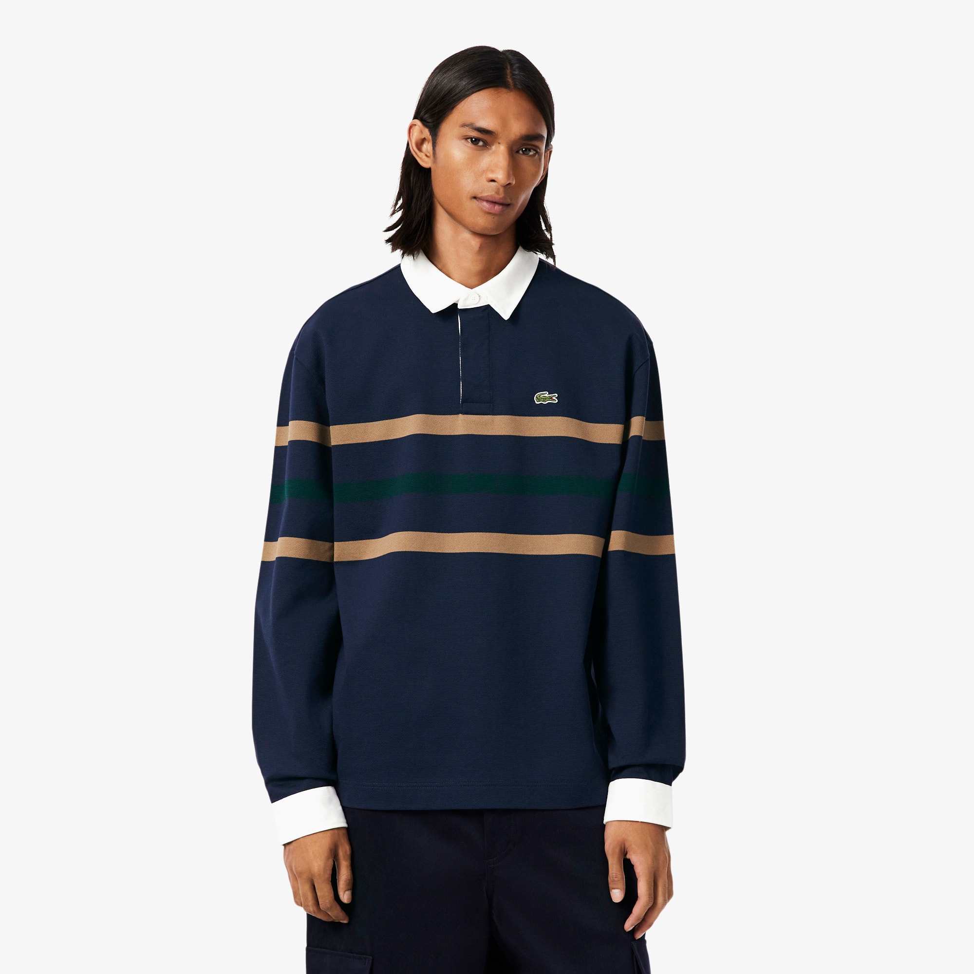 Relaxed Fit Striped Piqué Rugby Polo Shirt