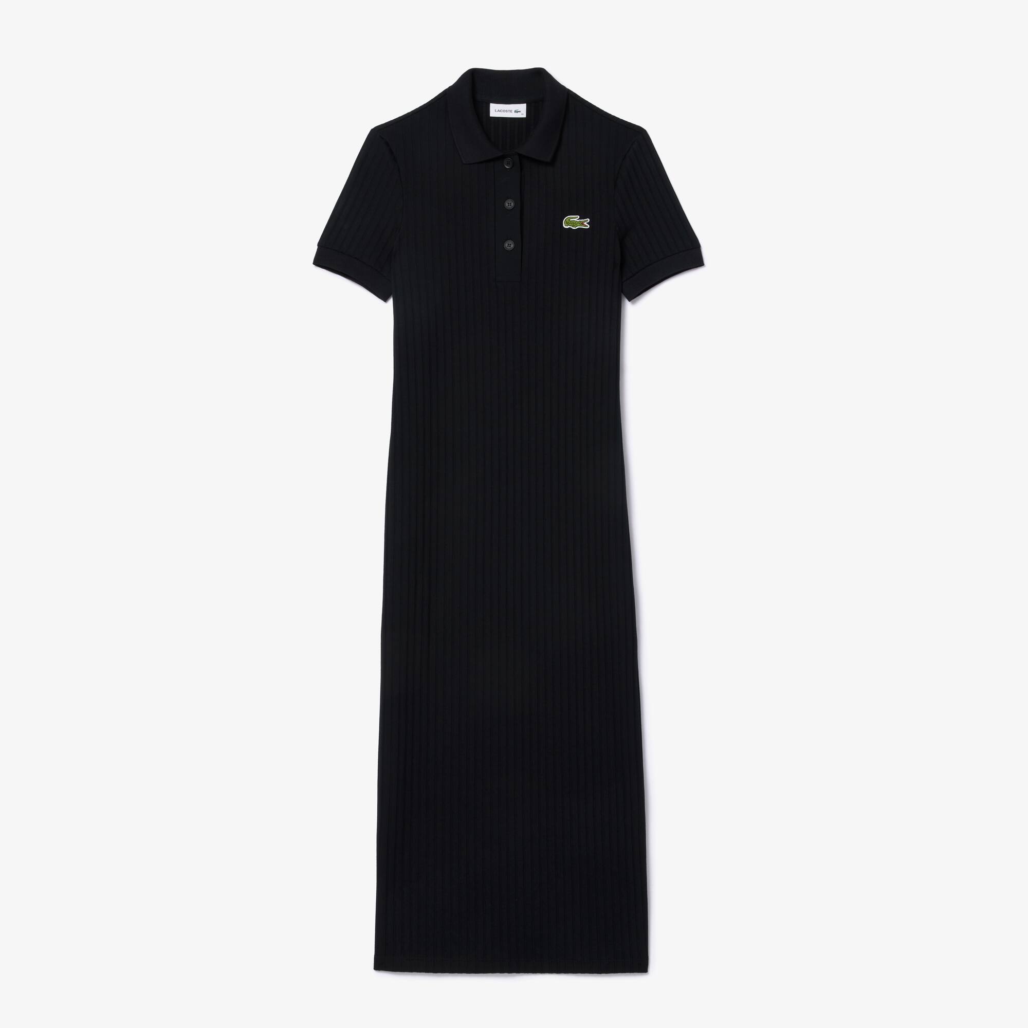Lacoste Ribbed Polo Maxi Dress In Black