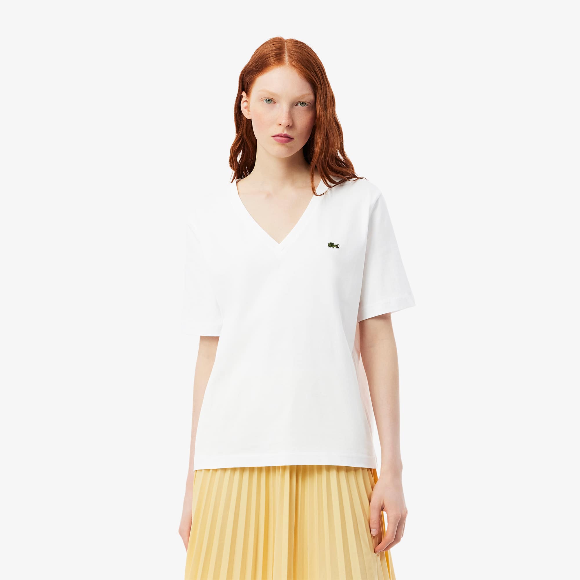Lacoste Women's Relaxed Fit Soft Cotton V-neck T-shirt - 32 In White