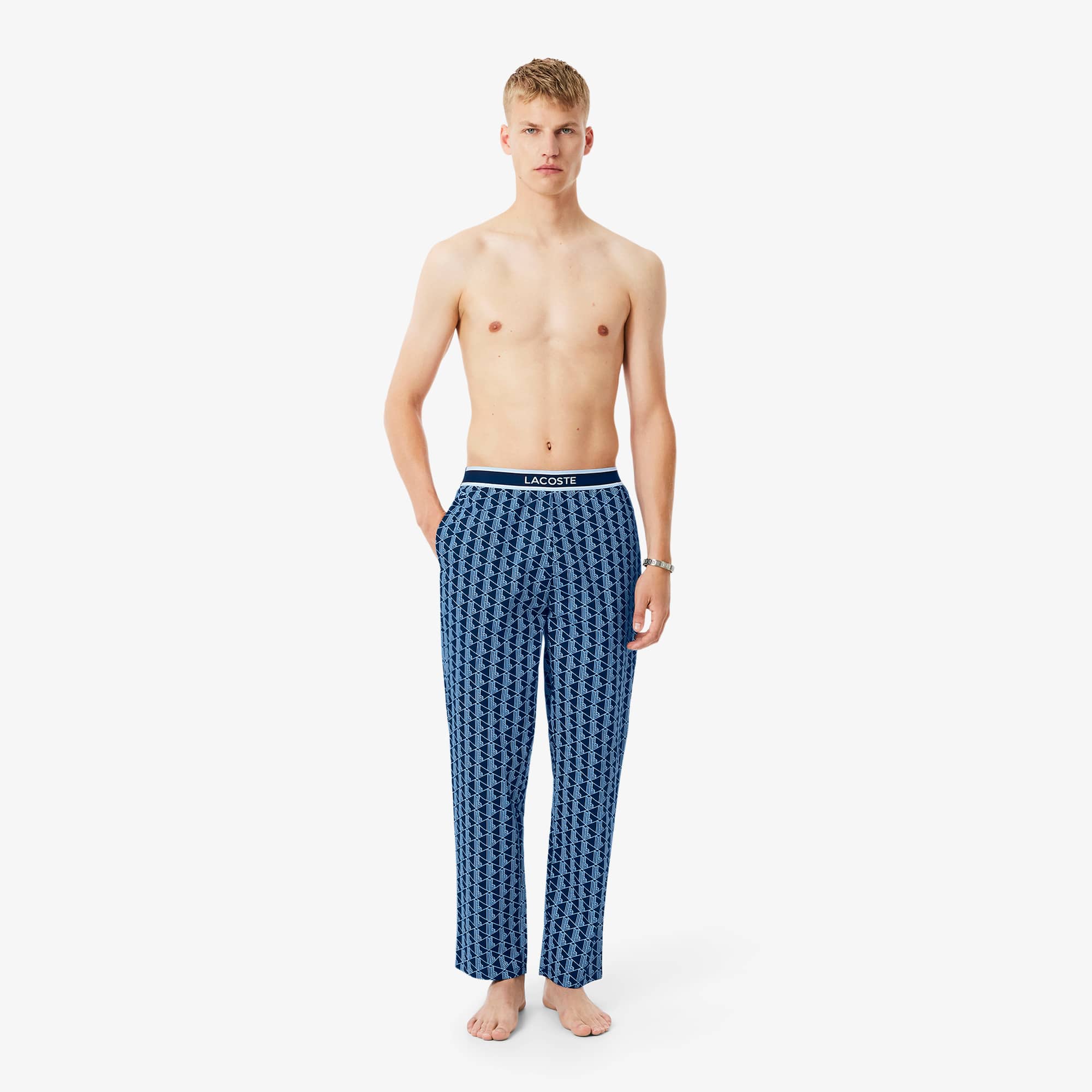 Lacoste Men's Monogram Poplin Pajama Pants - Xl In Blue