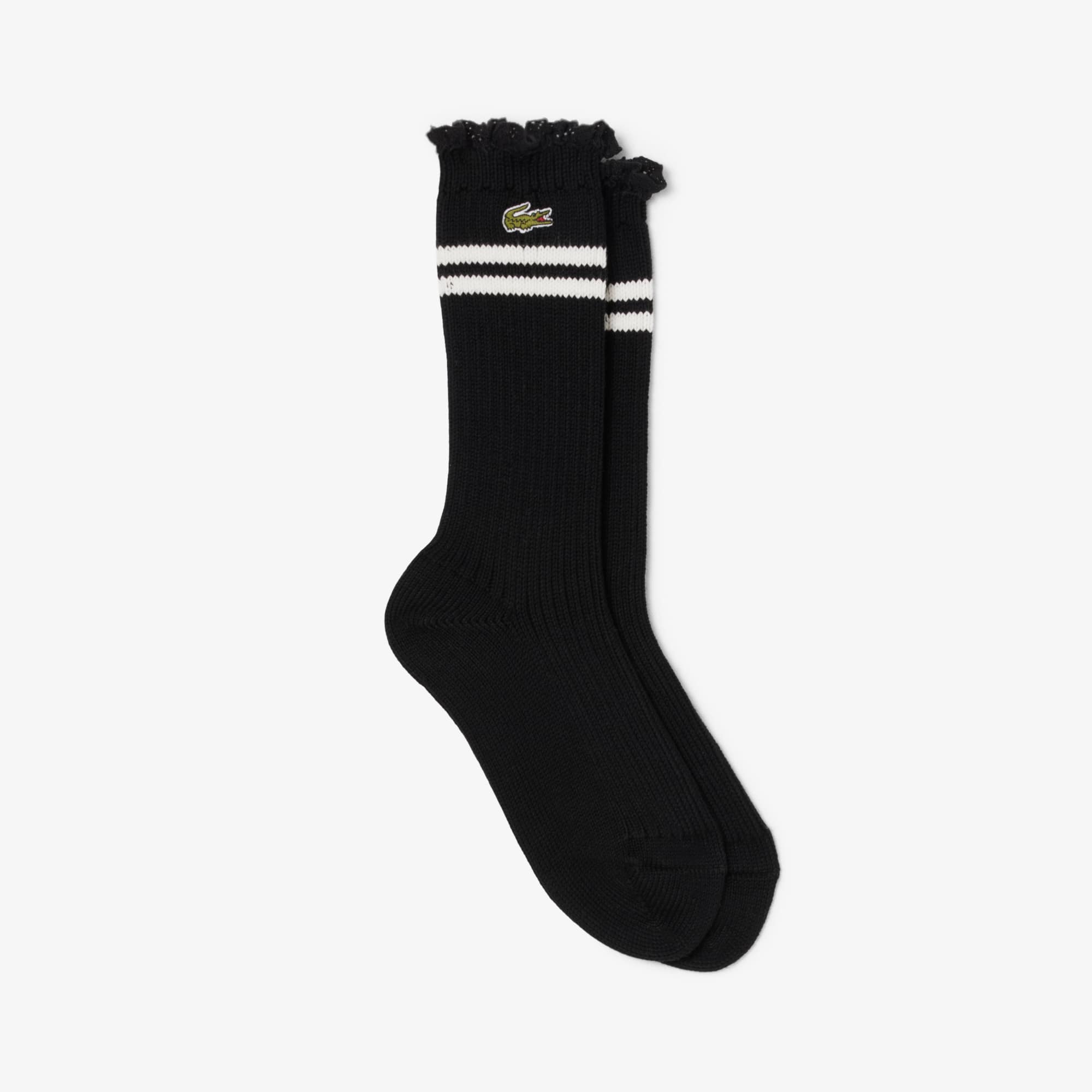 Lacoste Women's Lace Edge Ribbed Socks - 9 - 12.5 In Black