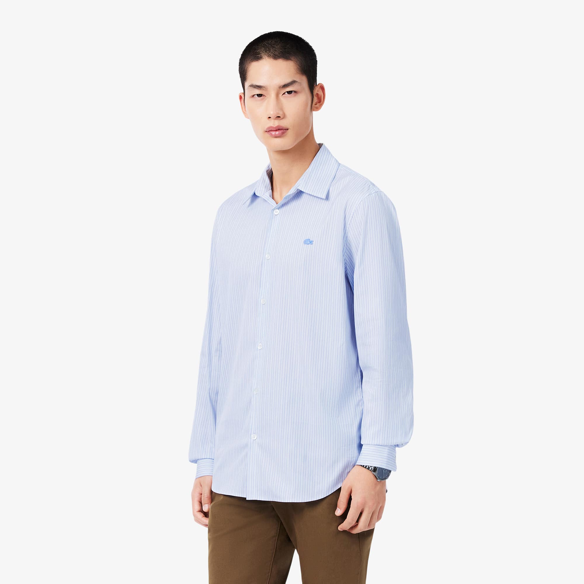 Lacoste Camisa de Corte Ajustado de Popelina Elástica de Rayas Blanco