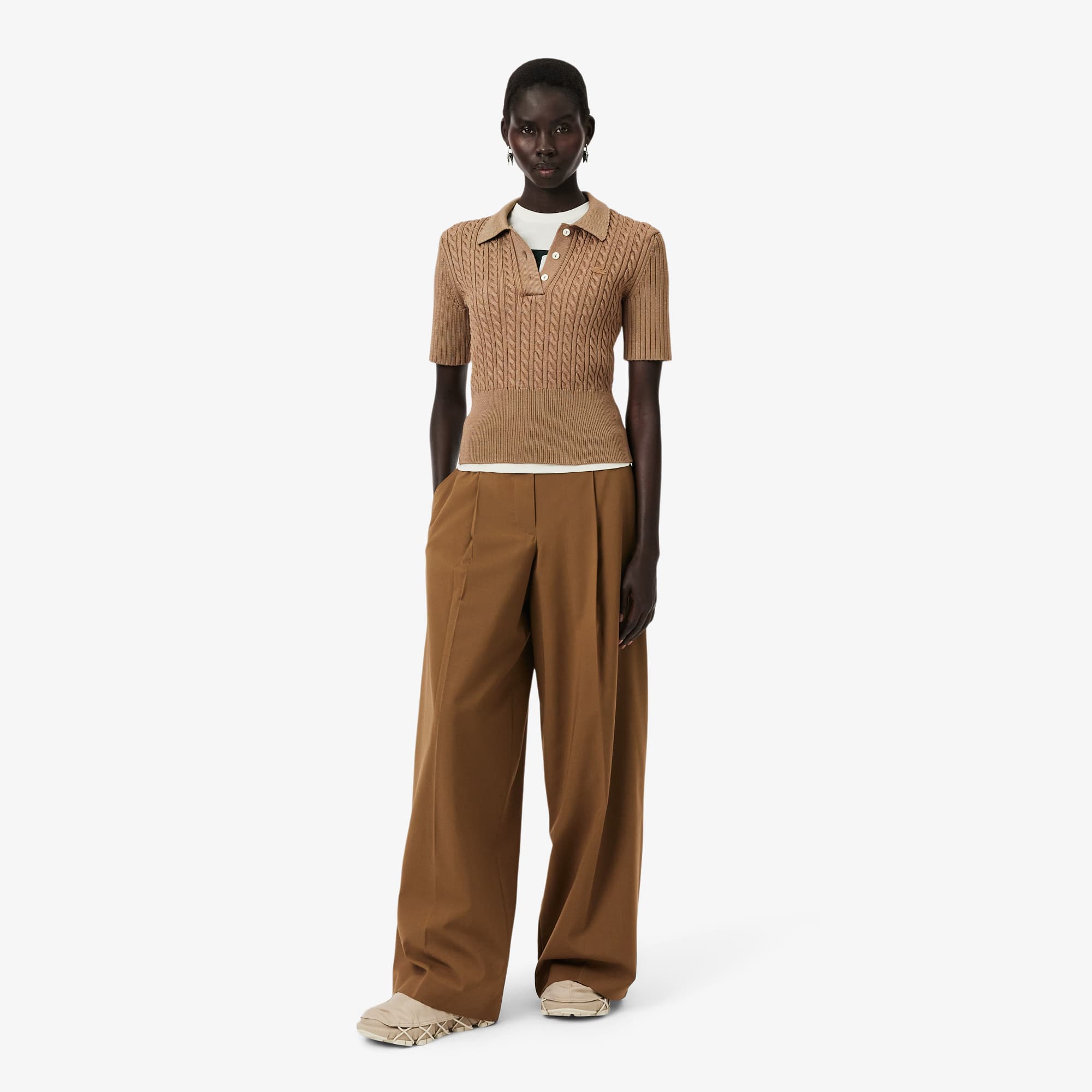 Lacoste Runway Wide Fit Wool Blend Pants - 38 In Brown