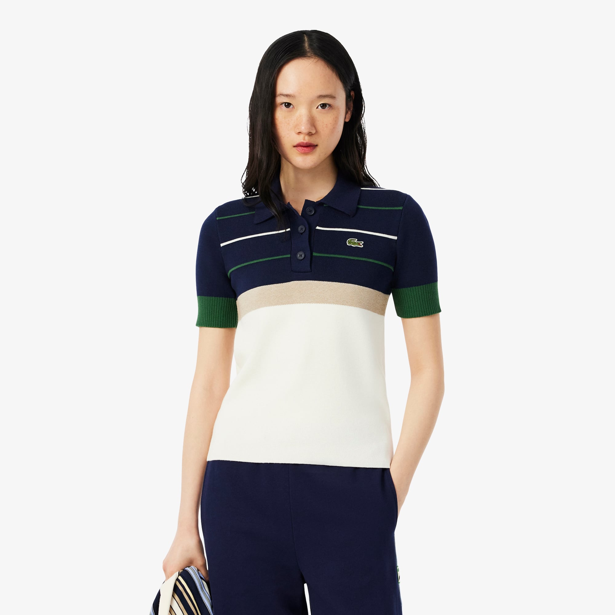 Lacoste Women's Made In France Striped Polo Collar Sweater