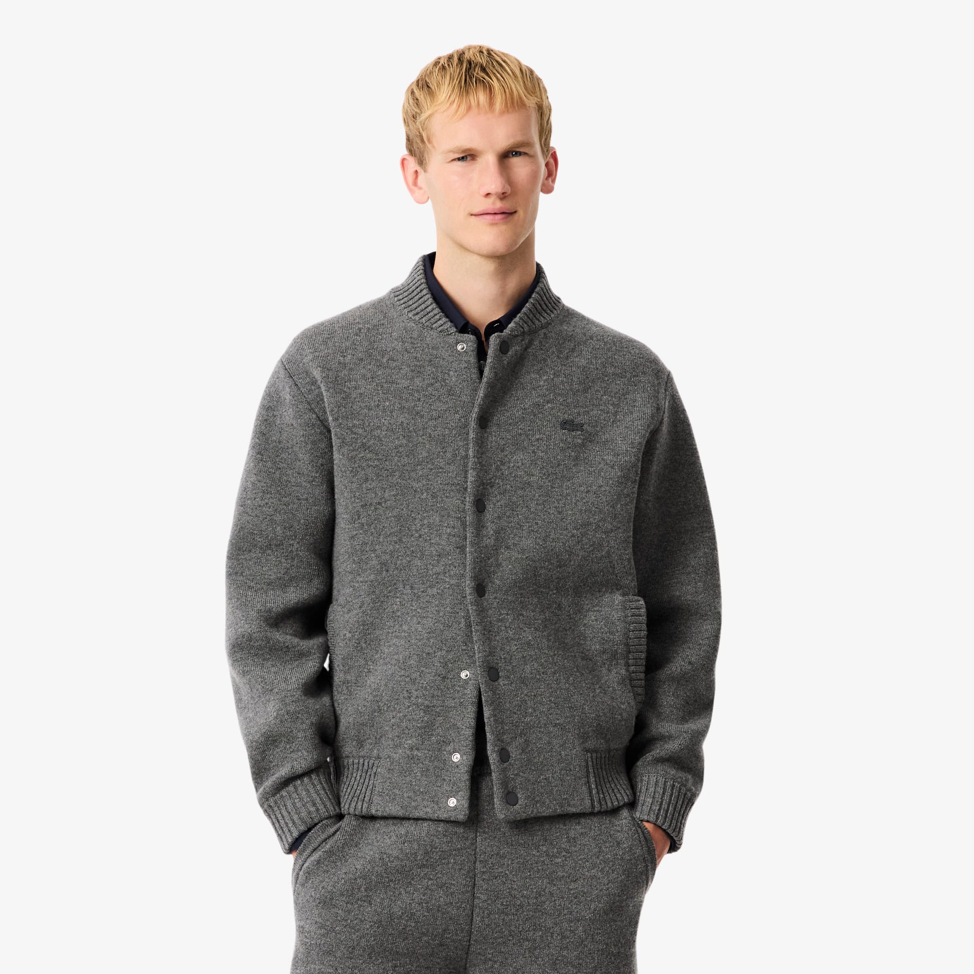 Lacoste Men's Merino Wool Jersey Bomber Jacket - Xl - 6 In Gray