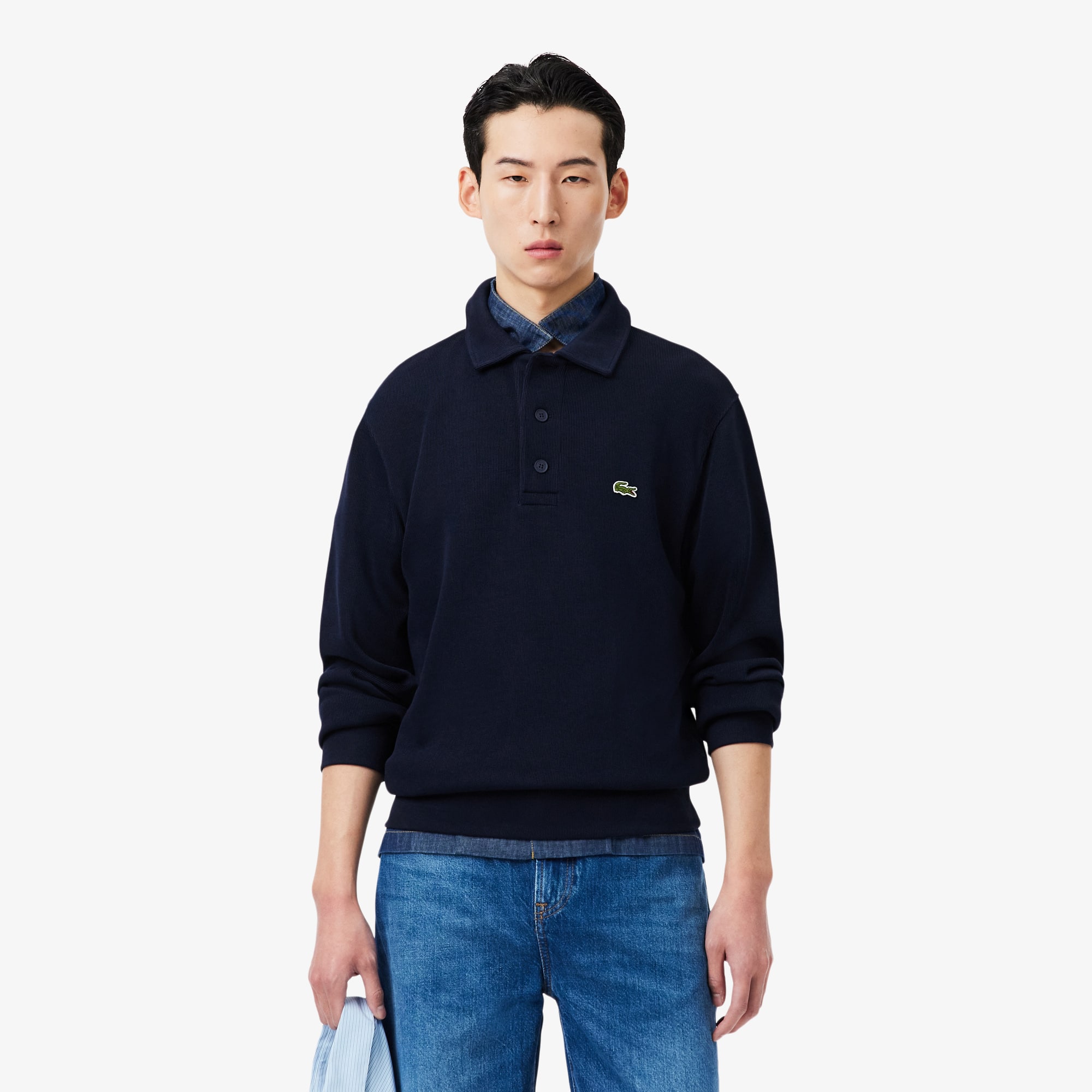 Men's Ribbed Cotton Polo Collar Sweatshirt - Sweaters