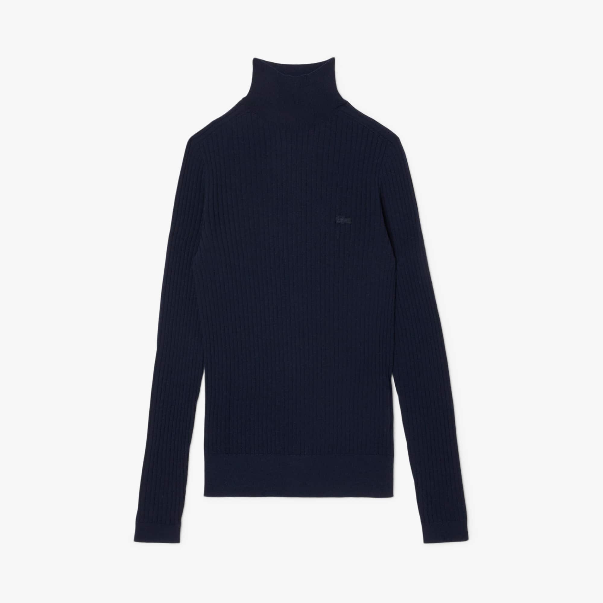 Women's High-Neck Ribbed Knit Merino Wool Sweater - Sweaters