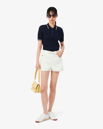 Striped Cable Knit Polo Collar Sweater