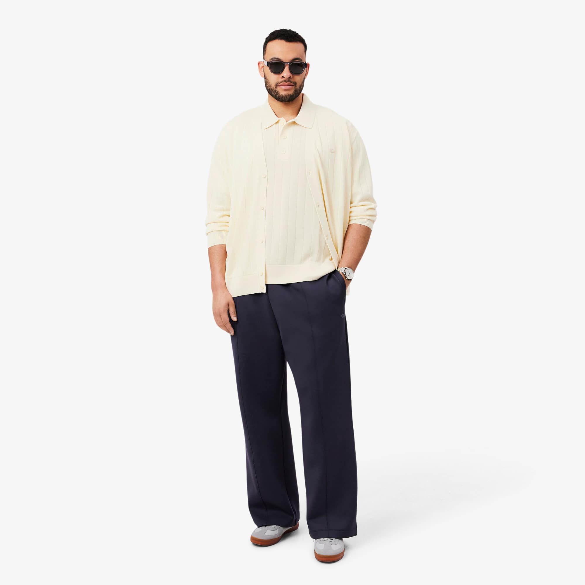 Fluid Ribbed Knit Polo Collar Sweater